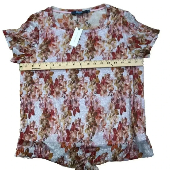 Anthropologie Eva Franco Metallic Floral Tie Front Short Sleeve Shirt Sz Medium - Picture 10 of 11